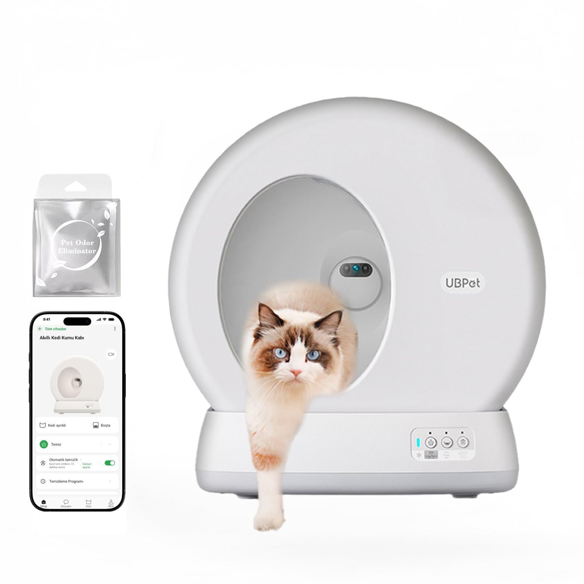 UBPet C10 Pro Kameralı Akıllı Kedi Tuvaleti – Entegre HD Kameralı, Otomatik Temizleme, Mobil Uygulama Kontrolü, Akıllı Sensörler, Sessiz Çalışma, Geniş İç Hacim, Koku Hediyeli