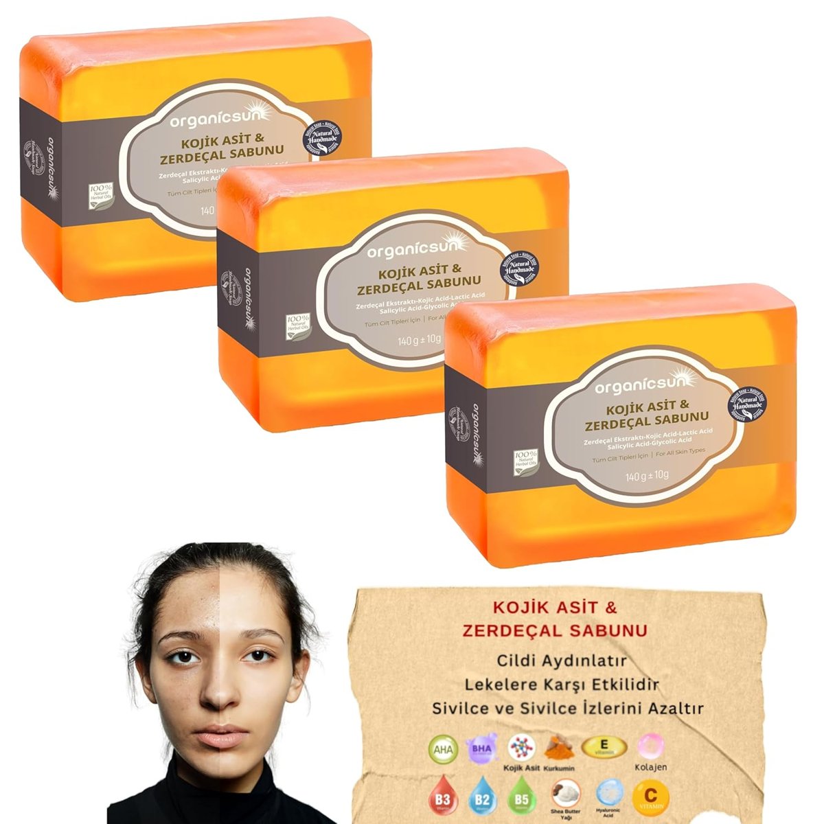 Organicsun Kojik Asit  Zerdeçal Sabunu 3 Adet x 140 Gr Leke ve Sivilce Karşıtı Kojic Acid - Kolajen - AHA BHA - C Vitamini - Hyaluronic Acid - Shea Butter Yağı İçerikli Aydınlatıcı Sabun