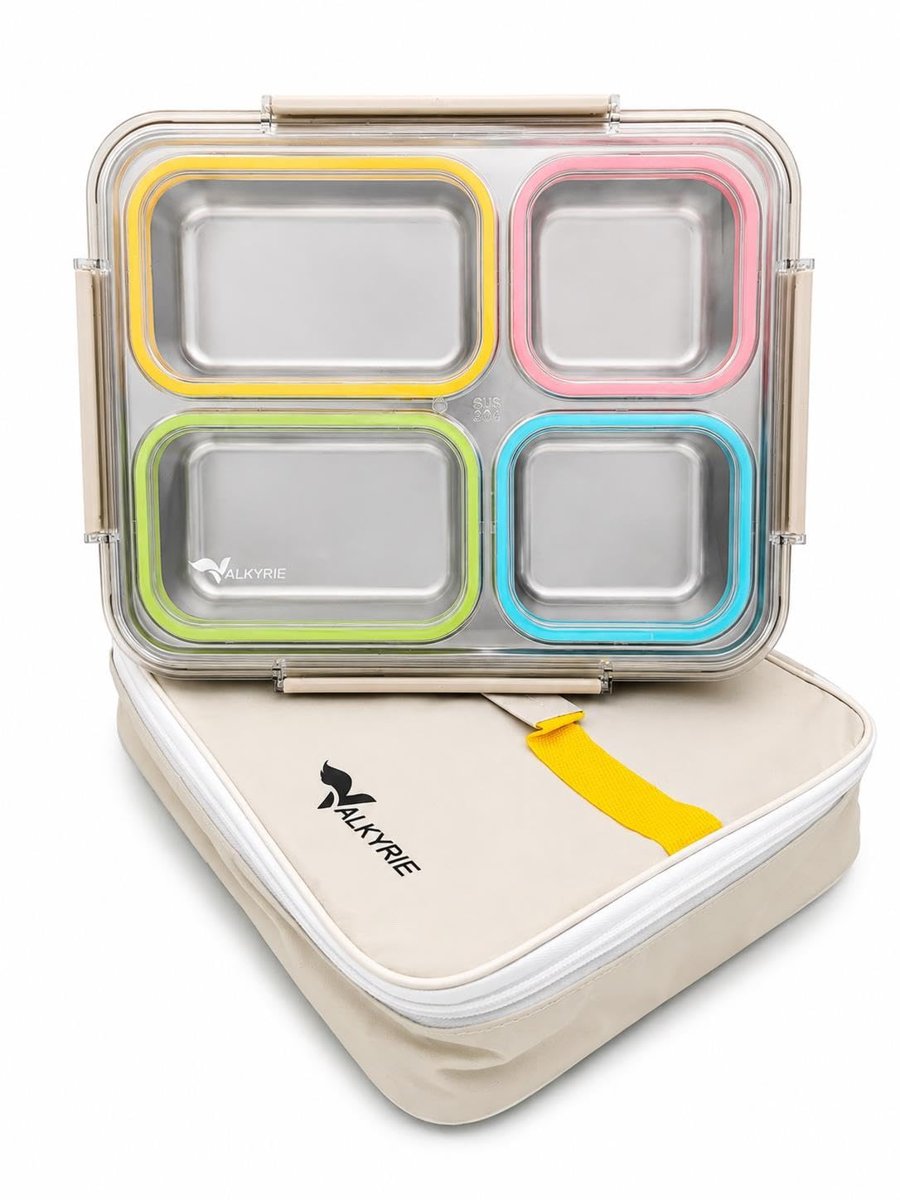 Valkyrie 1500 ml 4 Bölmeli Paslanmaz Çelik Lunch Box Termal Çantalı | 304 Çelik Sızdırmaz Yemek Kabı