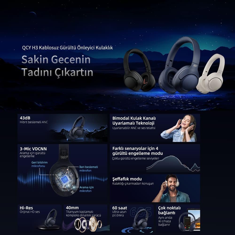 QCY H3 Hybrid ANC Hi-Res Bluetooth 5.4 Kafaüstü Kablosuz Kulaklık Çift Cihaz Desteği Mavi