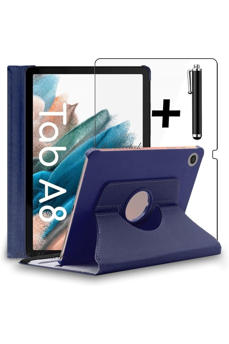 M.TK moveteck Samsung Galaxy Tab A8 10.5 Sm-x200 Kılıf Dönebilen 360 Tablet Kılıfı + Ekran Koruyucu Cam +kalem Set, Lacivert, Tek Ebat, X200-X205-X207-360-laci