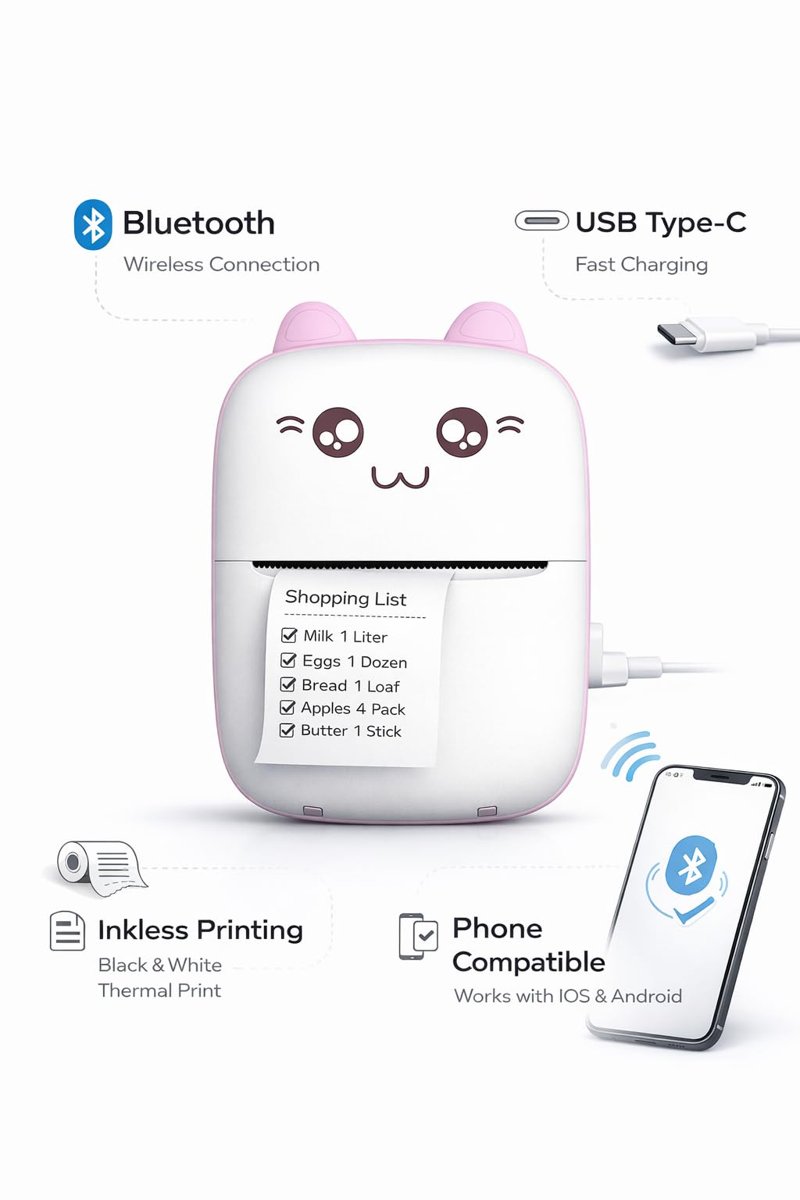 Busstier Mini Yazıcı Bluetooth Bağlantılı Taşınabilir Termal Yazıcı Siyah Beyaz Çıktı Telefon Uyumlu USB Type C Şarjlı Not ve Fotoğraf Yazdırma