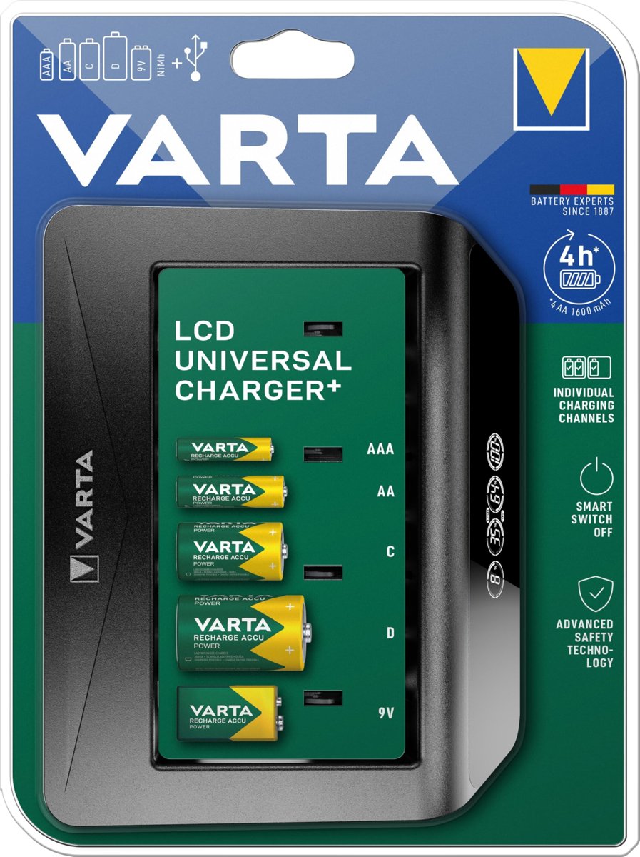 VARTA Akü şarj cihazı, şarj edilebilir AA/AAA/C/D/9V ve USB cihazlar için, LCD Universal Charger+, tek yuvalı şarj, donanımsız, siyah