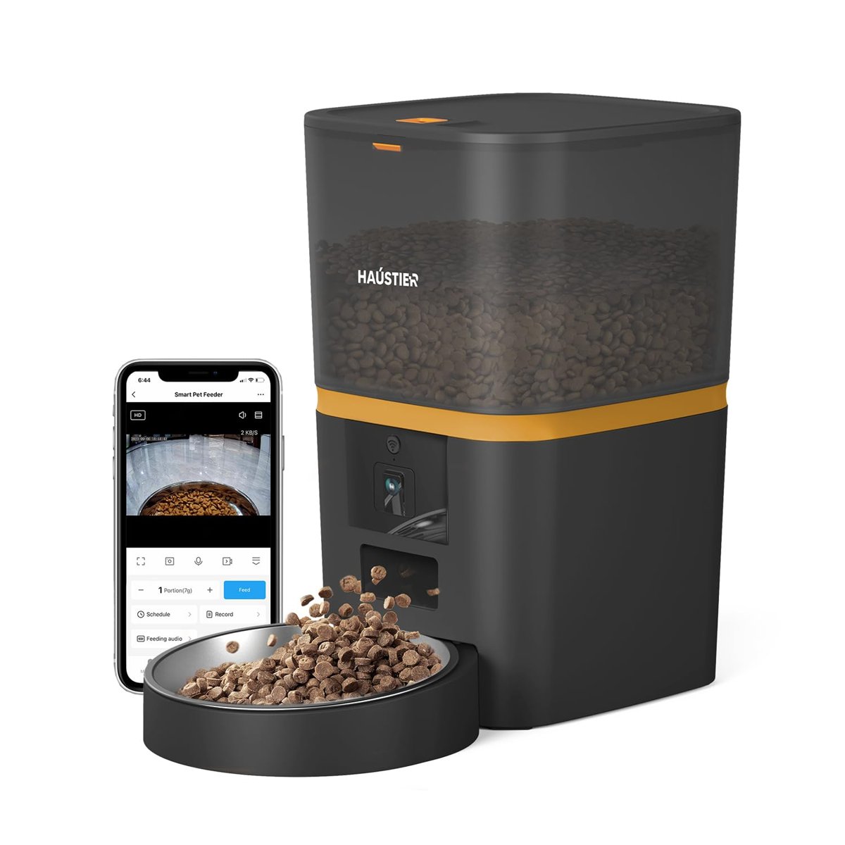 Haustier QQ005 Gece Görüşlü 480P Kameralı, Akıllı Otomatik Kedi Mama Kabı, Tuya App-Wifi Uzaktan Kontrol, Sesle Çağırma, 6lt Hazne, Metal Kase (Siyah)