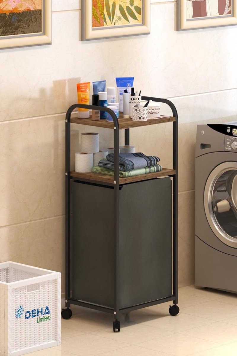Dehalimited 2 RAFLI FRENLİ TEKERLEKLİ ÇAMAŞIR SEPETİ BANYO DOLABI KİRLİ SEPETLİ BANYO DÜZENLEYİCİ ÇAMAŞIRLIK Kahnanerengi, Dehalimited