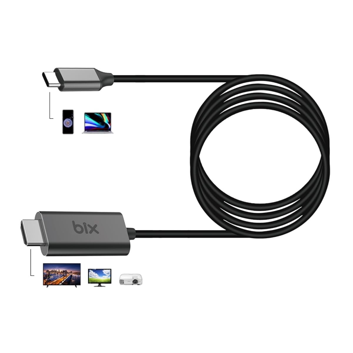 Bix BX02HB USB-C to 4K@30Hz HDMI Kablo 1.8 metre Windows Mac Android Uyumlu HDCP Destekli Gri