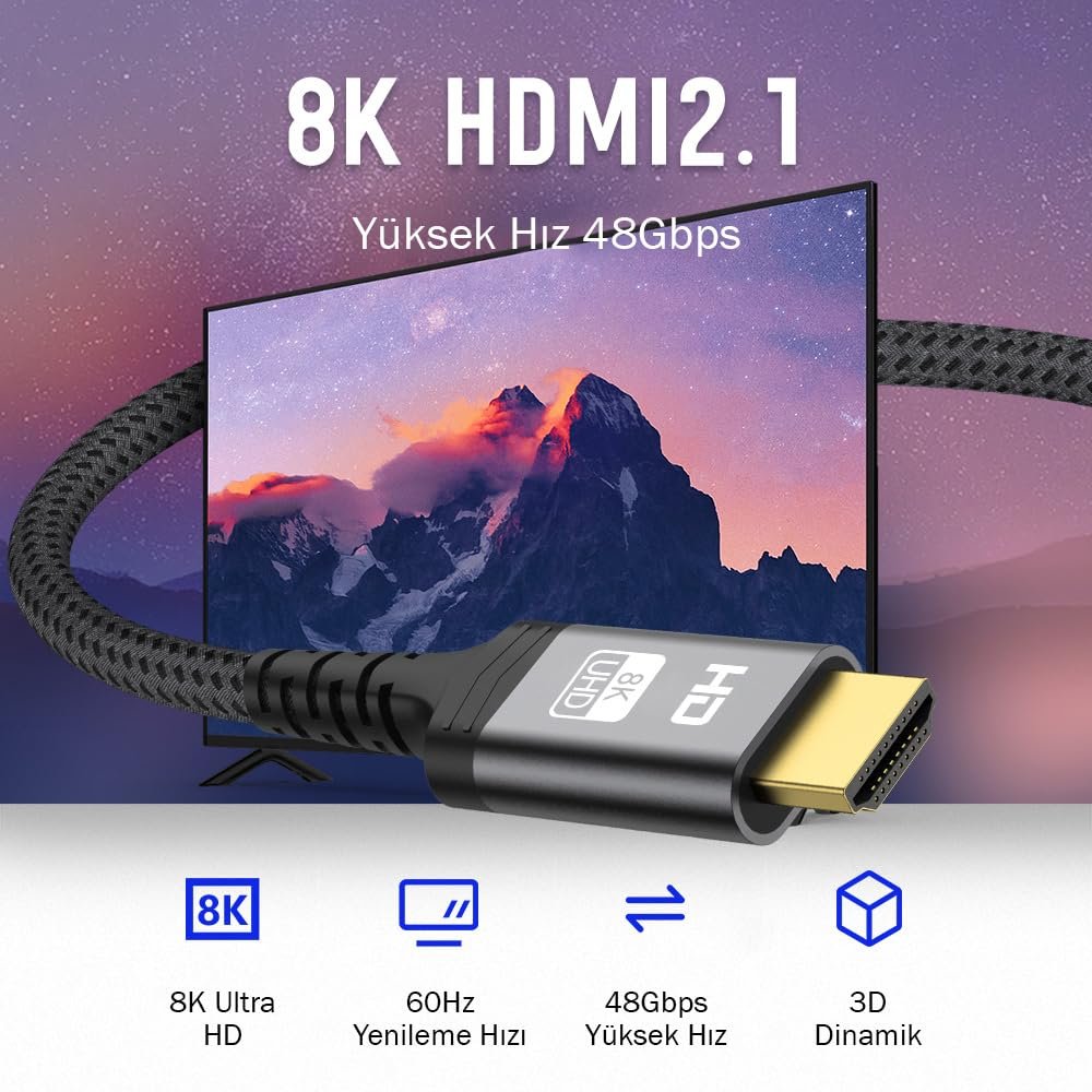 Echorin (3 metre) HDMI 2.1 Kablo 8K 60Hz 4K 120Hz 48Gbit/s Yüksek Hızlı, HDMI Kablo TV/PS5/PS4/ Xbox Series X/Monitör ile uyumlu