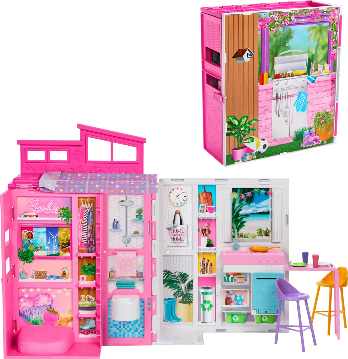 Barbie'nin Yeni Portatif Evi 2024 Barbie'nin Yeni Portatif Evi 2024, 4 oyun alanı ve 11 dekorasyon aksesuarı bulunan bebek evi oyun seti HRJ76