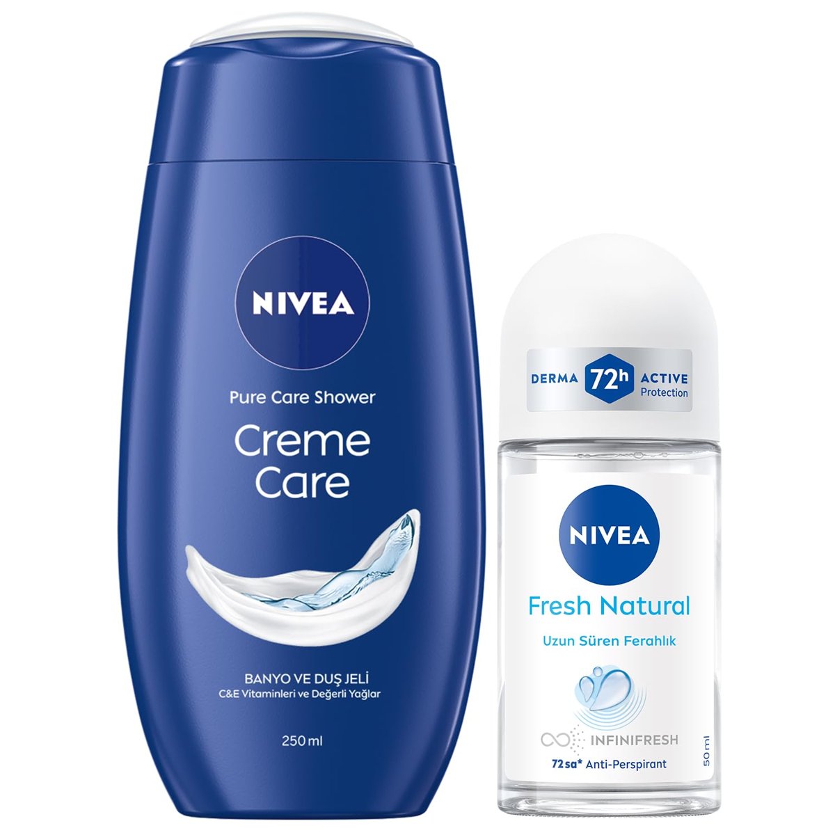 Nivea Creme Care Nemlendirici Duş Jeli 250ml ve Roll-on Deodorant Fresh Natural 50ml, 72 Saat Ter Ko