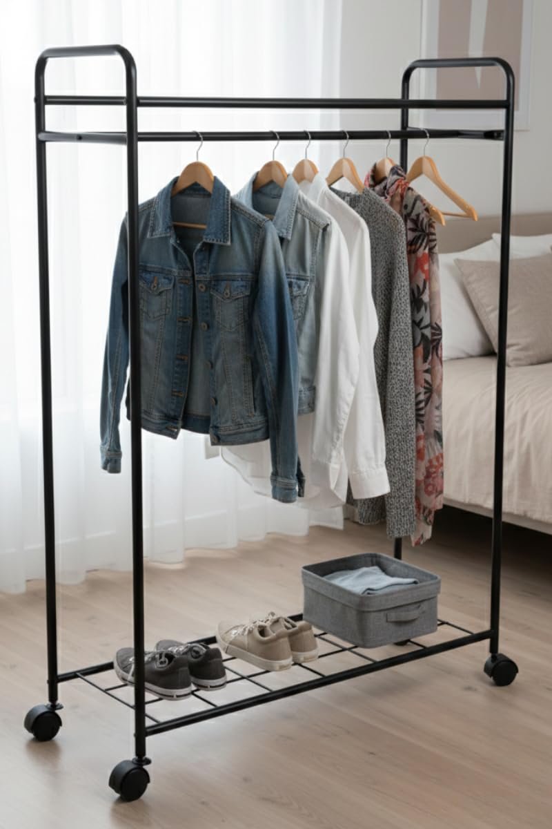 Metaliz Concept Tekerli Modern Metal Elbise Askılığı - Katlı Raflı Portatif Giysi Standı, Siyah Renk