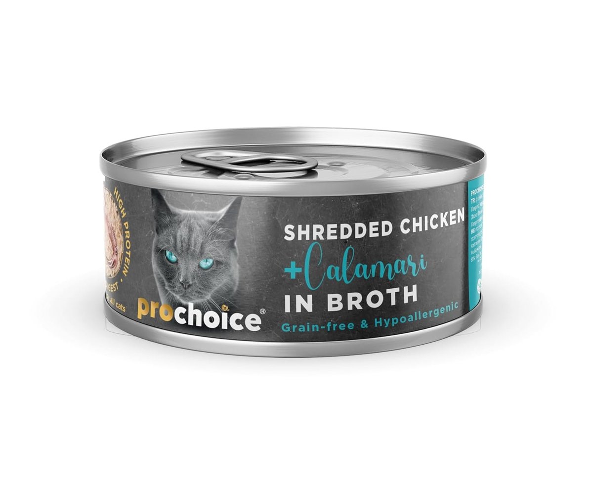 Prochoice Deluxe Shredded, Tahılsız, Hipoalerjenik, Tiftiklenmiş Tavuk Eti ve Kalamarlı Yaş Kedi Maması, 70 gr x 12 adet