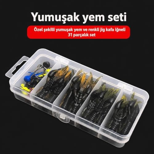 Valkyrie 30 Parça Yumuşak Karides Yem Seti Jig Başlı Silikon Olta Yemi Kutulu
