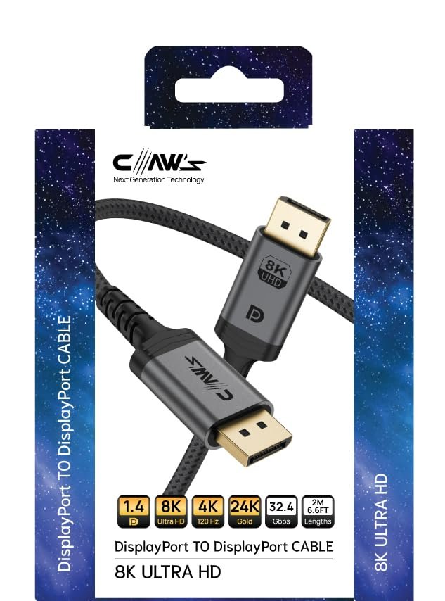 Claw's 8K UHD DisplayPort v1.4 32.4 Gbps / 24K Gold/Alüminyum Gövdeli 8K 60Hz-4K 120Hz-2K 240HZ-FHD 240Hz Destekli G-Sync  FreeSync 2 Metre Premium DisplayPort Kablo (C-DPP-B1)