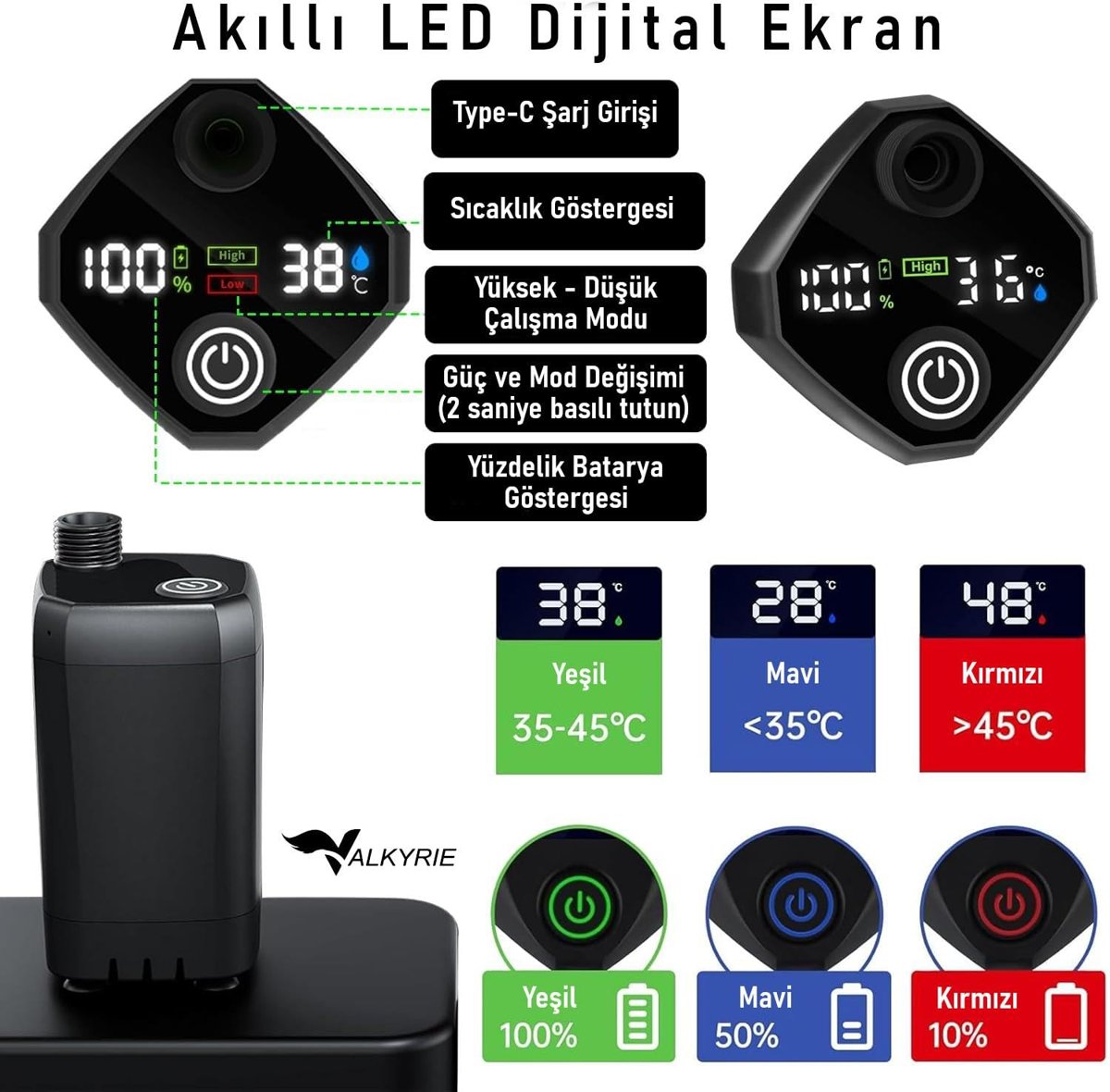 Valkyrie Akıllı LED Ekranlı Taşınabilir Duş & Su Pompası – Kamp Bahçe ve Seyahat için Şarjlı Kolay Kurulum