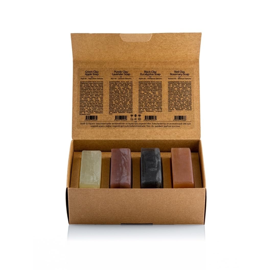 Dionesse Erkekler İçin Doğal Kil Sabunu Seti - 4x120 gr - Organik & El Yapımı - Zengin Minerallerle Desteklenmiş Sülfatsız Sabun - Cilt ve Saç Bakımı İçin