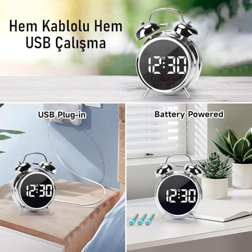 Valkyrie LED Ekranlı Analog Alarmlı Masa Saati Çalar Saat Pil Dereceli Çift Alarmlı Dijital Saat Gümüş