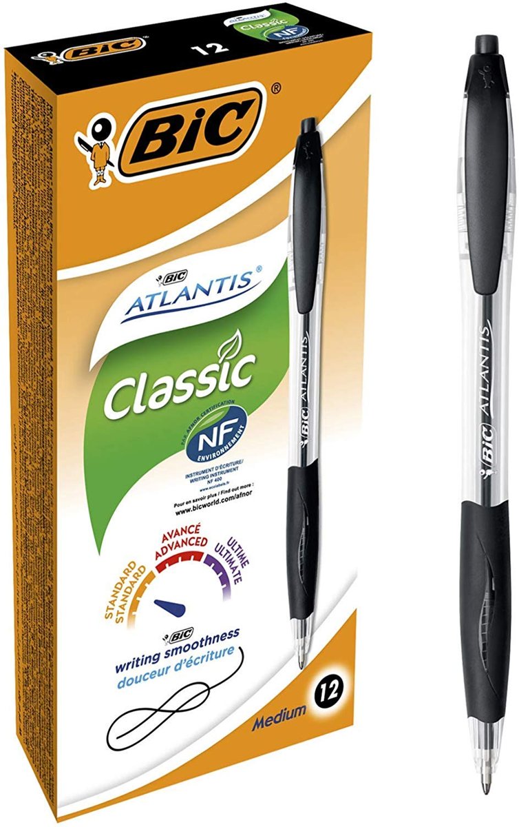 BIC Atlantis Classic basmalı tükenmez kalem (0,32 mm, kutuda 12 adet) siyah