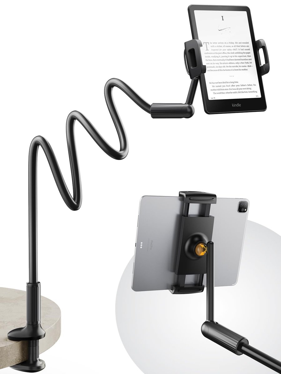 SAIJI 47 inç Gooseneck Kindle Tutucu, Yükseltilmiş Tabanlı Yatak için Tablet Tutucu, Esnek Tembel Kollu iPad Standı, iPad mini Pro Air, Kindle, Galaxy veya Diğer 4,7-11 inç Cihazlarla Uyumlu (Siyah)
