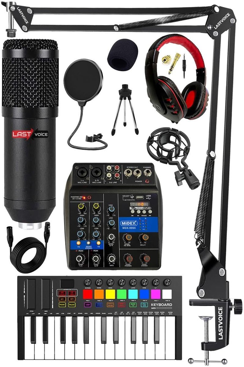 LASTVOİCE Stüdyo Ekipmanları Midi Live Paket-1 Ses Kartlı Mikser Midi Klavye BM800 Mikrofon Kulaklık