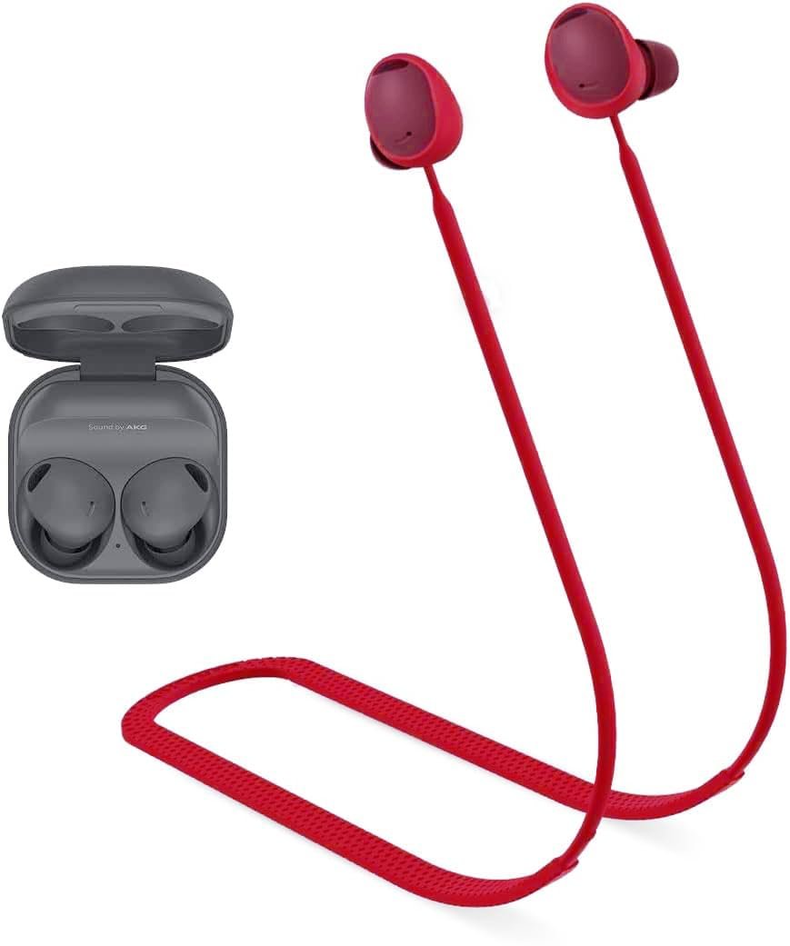 Coverzone Samsung Galaxy Buds2 ile uyumlu/Galaxy Buds2 Pro ile uyumlu Yumuşak Güçlü Silikon Özel Kaymaz Tasarım Spor Kaybolmaya Karşı Kulaklık Aksesuarları Boyun ipi Kırmızı