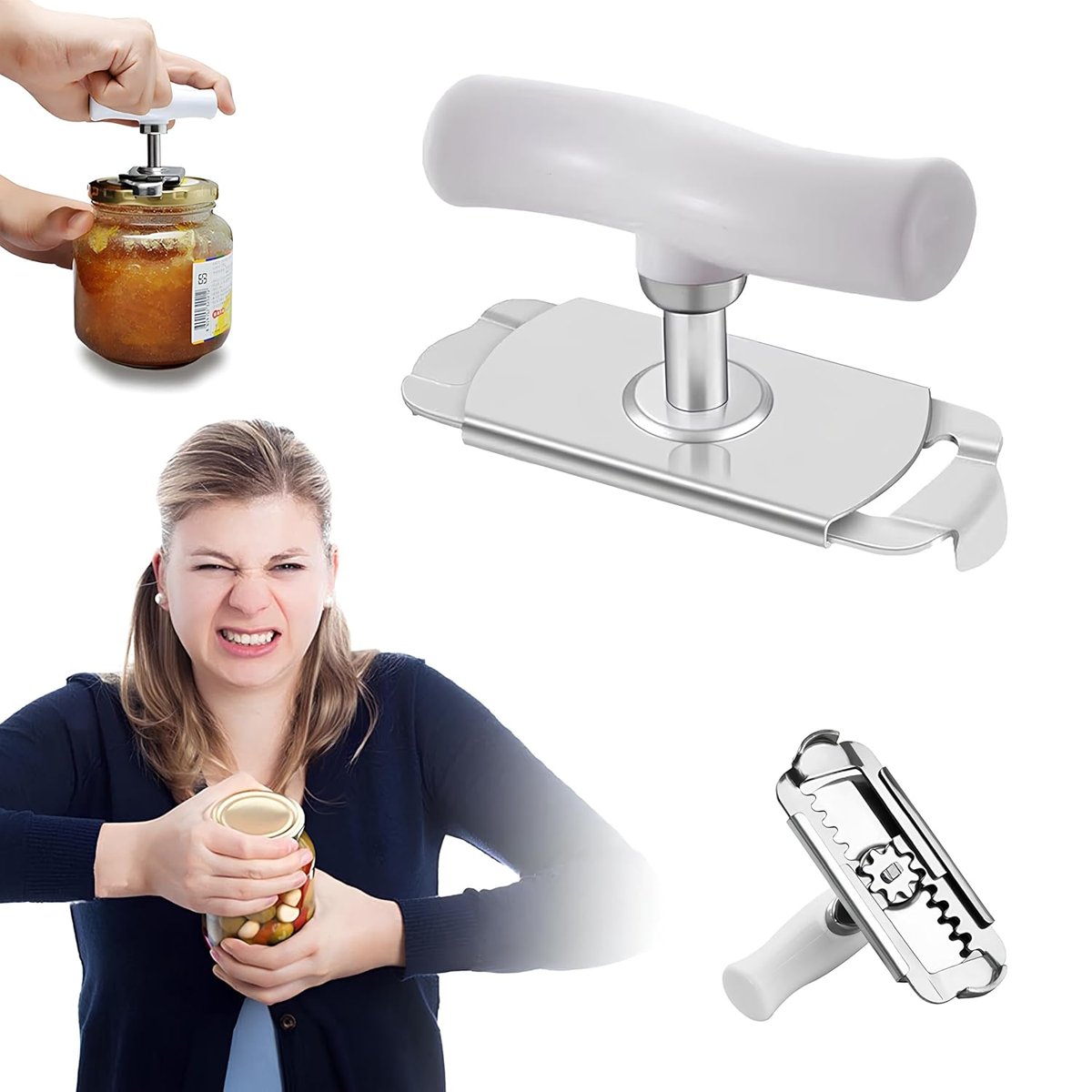 Kanji Pratik Kavanoz ve Şişe Kapak Açacağı - Beyaz – Paslanmaz Çelik, Ayarlanabilir, Ergonomik Tutma Saplı