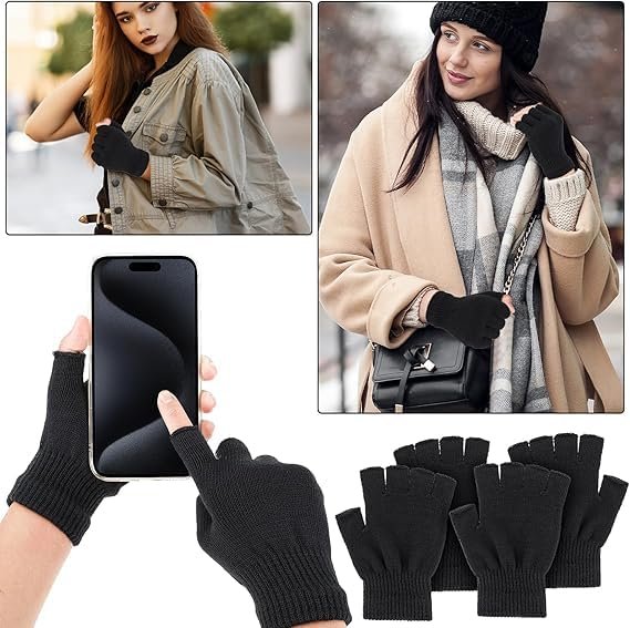 AEE® 2 Çift Yarım Parmak Eldiven – Örme Siyah Unisex Eldiven | Kesik Parmak Parmaksız Kışlık Erkek Kadın Eldiven