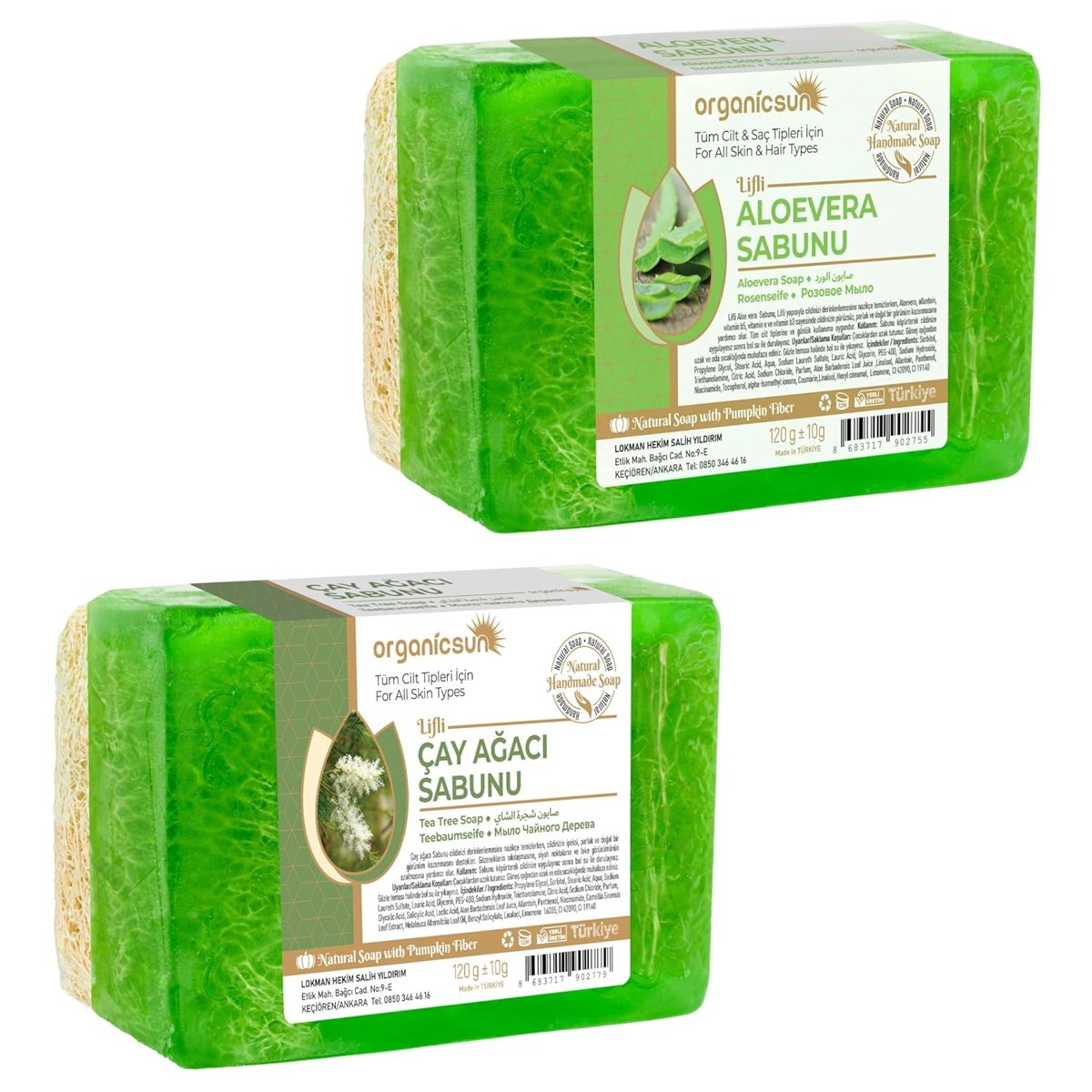 Organicsun 2'li Set Doğal Kabak Lifli Aloe Vera Sabunu ve Kabak Lifli Çay Ağacı Sabunu