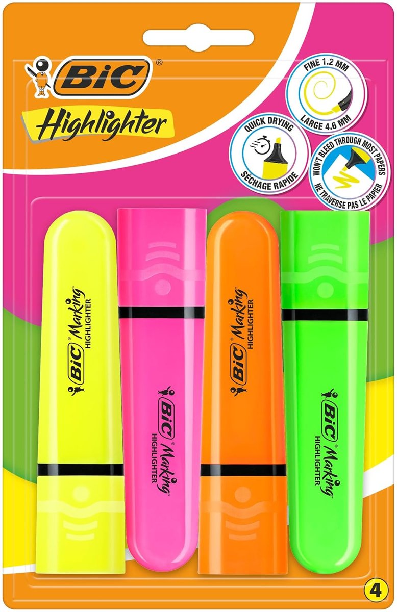 BIC Marking Flat Higlighter Fosforlu Kalem 4'lü Blister, 4 Renk (Sarı, Turuncu, Pembe, Yeşil), Su Bazlı, Hızlı Kuruyan Mürekkep