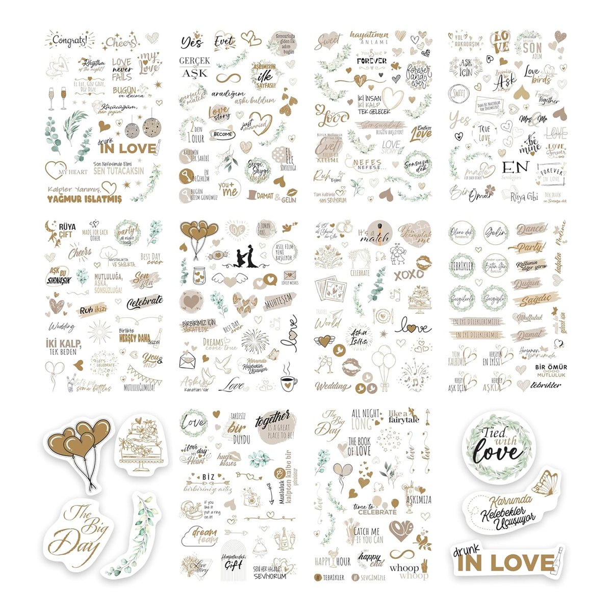 colortouch Düğün Sticker Seti, 325 Adet Çıkartma, Misafir, Konuk Defteri veya Fotoğraf Albumü için Sevgi Dolu Vintage Love Temalı, Dekorasyon için Motifli Sözcüklü Düğün Etiketi, 10 Sayfa, A5 Boyut