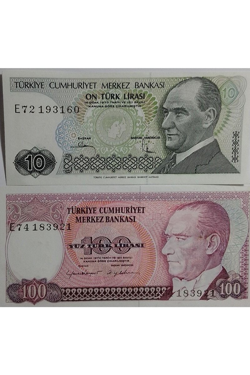E Serisi 7. Emisyon 10 ve 100 Türk Lirası Eski Koleksiyon Kağıt Para. Hatıra Para.