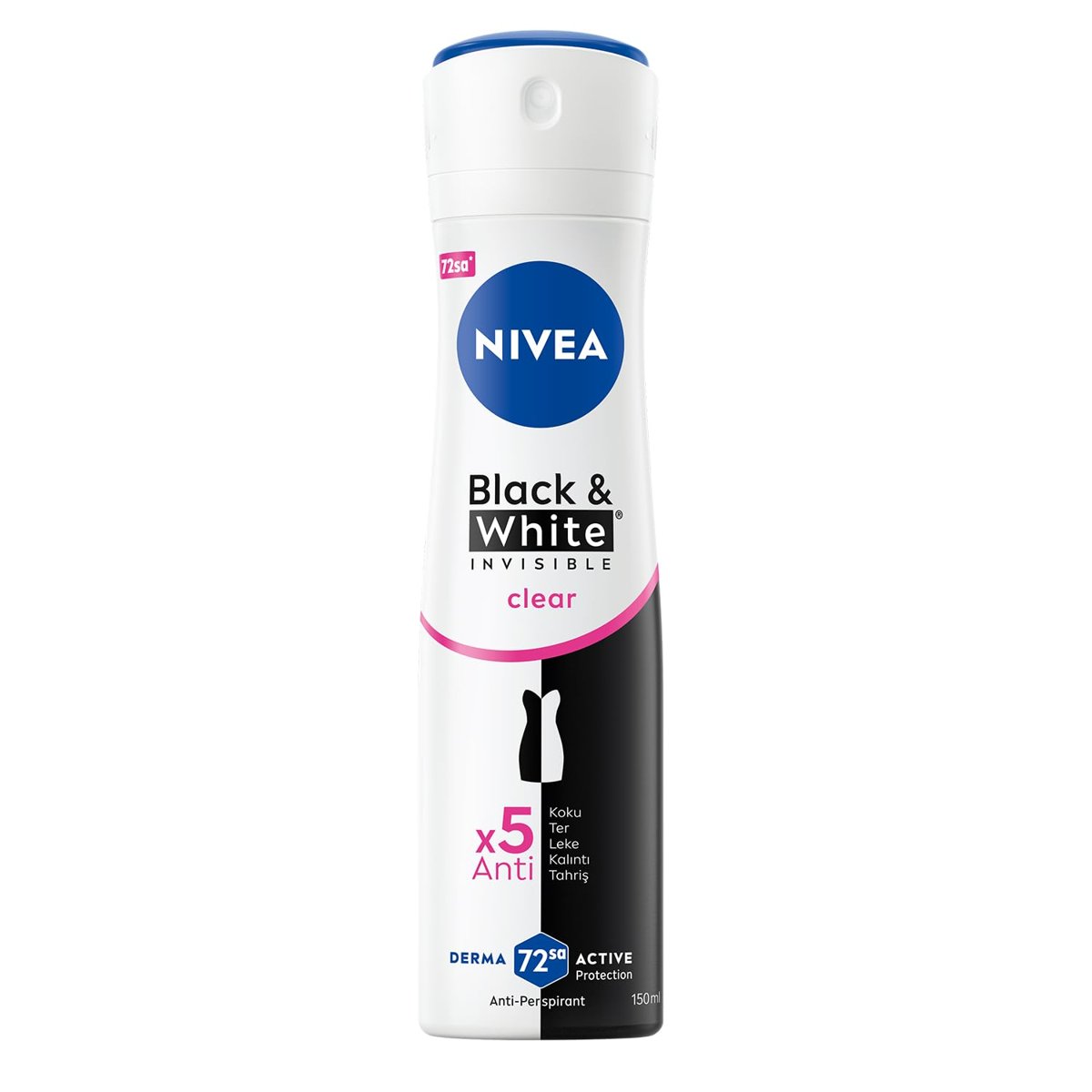 NIVEA Kadın Sprey Deodorant Black&White Invisible Clear 150 ml,72 Saat Terleme ve Ter Kokusuna Karşı Anti Perspirant Koruma, Çiçek Kokusu,Kıyafetlerde Leke Karşıtı, Alkol İçermez