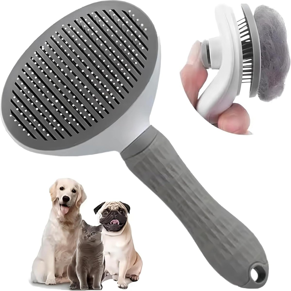 MADPET Gri Otomatik Temizlenen Tüy Toplama Tarağı – Basmalı Mekanizmalı Kedi Köpek Tarağı – Çelik İğ