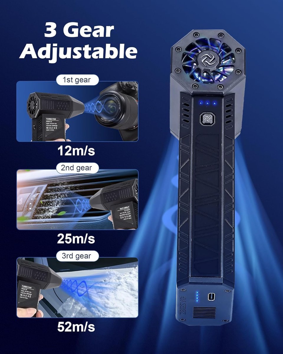 AEE® Turbo Jet Fan 120.000 RPM Şarjlı Ek Başlıklı 3 Kademeli Fenerli Basınçlı Hava Püskürtme Temizleyici – Taşınabilir Toz Üfleme PC Klavye Kasa Oto Araç Kurutucu Su İtici Araba Temizliği Mangal Fanı