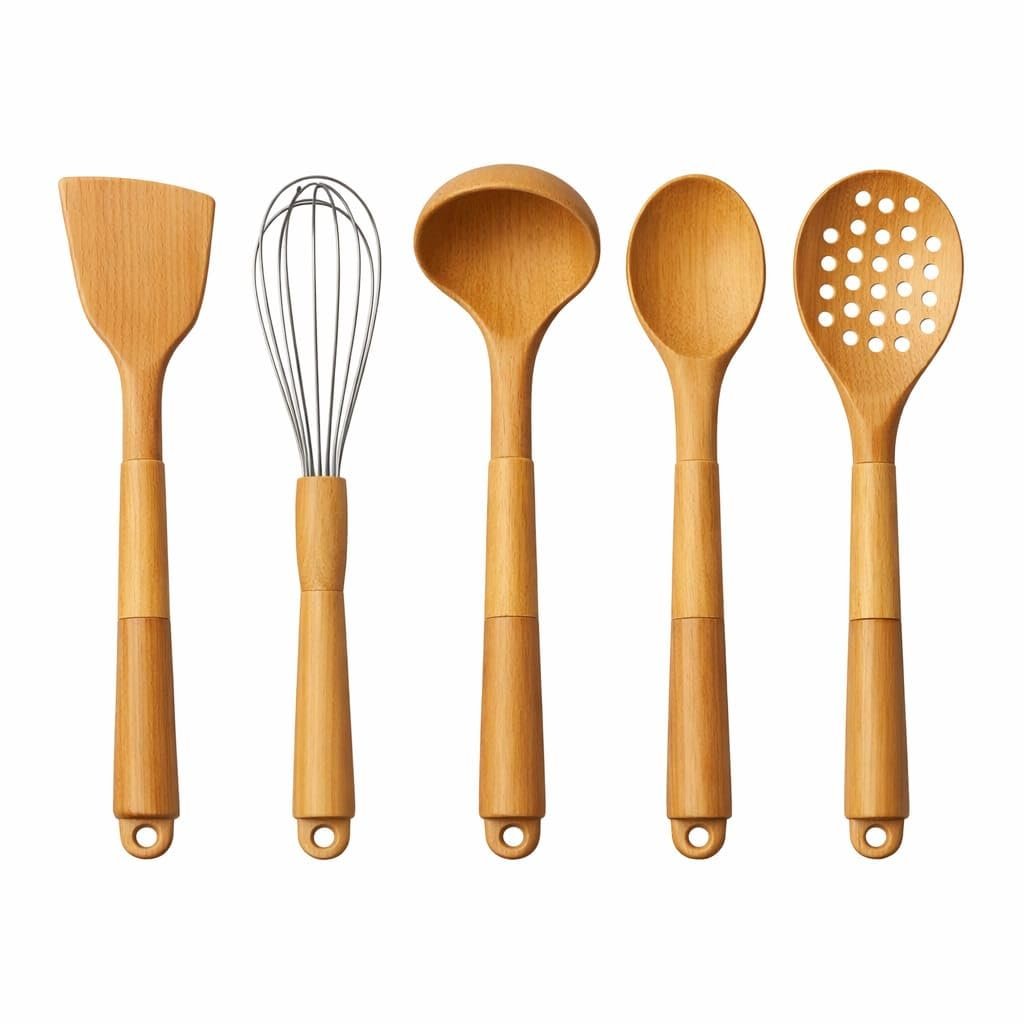 Silikon Mutfak Pişirme Gereçleri Seti, 5 Parça Yapışmaz Mutfak Gereçleri Seti Ahşap Saplı Spatula Se