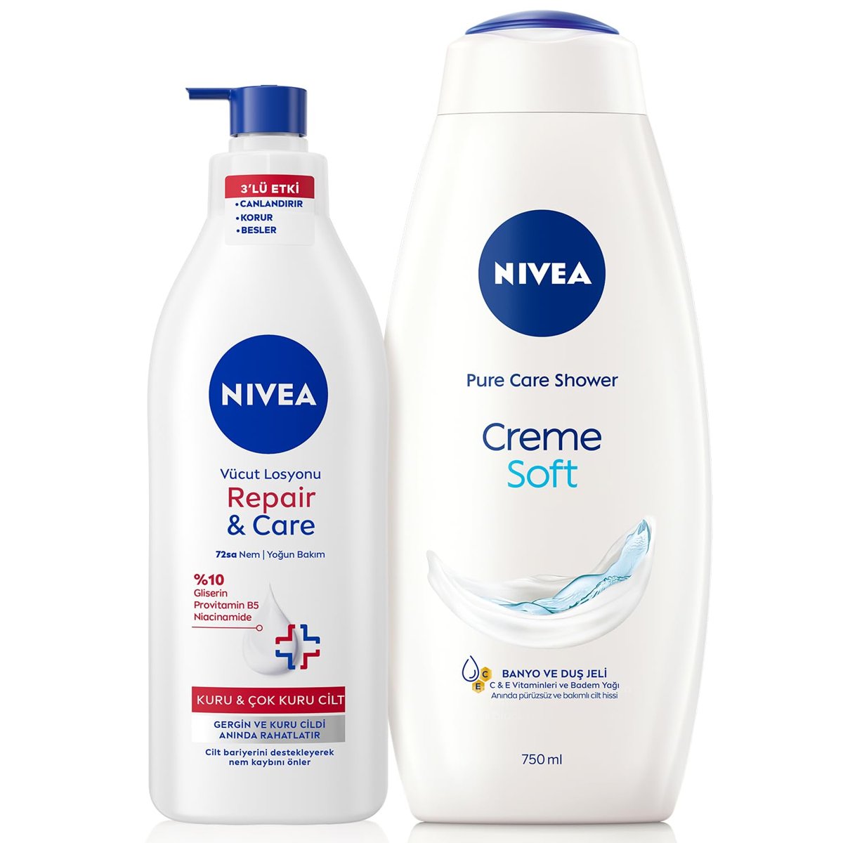 Nivea Creme Soft Banyo ve Duş Jeli 750ml ve RepairCare Yoğun Nemlendirici Vücut Losyonu 400ml, Kuru Cilt